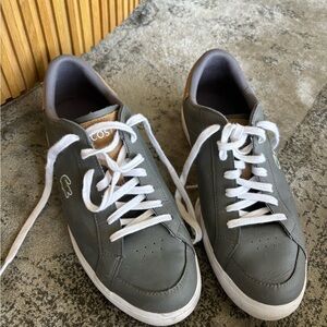 Lacoste Men's Dark Gray Sneakers with White and Brown Accents